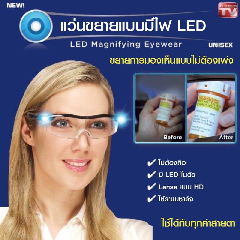 Mighty sight glasses แว่นตาอัจฉริยะ แว่นขยายไร้มือจับ แว่นอ่านหนังสือ แว่นตาขยาย สวมใส่ ขยายภาพได้ถึง 160% พร้อมติดตั้งLEDในตัว วัสดุพรีเมี่ยม