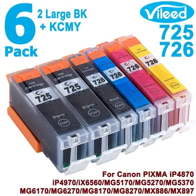 6 Pack PGI-725 BK 2pcs + CLI-726 BK C M Y Ink Cartridge 725 726 PGI725 CLI726 XL PGI-725XL CLI-726XL Combo Set Print Inkjet for Canon PIXMA iP4870 iP4970 iX6560 MG5170 MG5270 MG5370 MG6170 MG6270 MG8170 MG8270 MX886 MX897 Color Printer