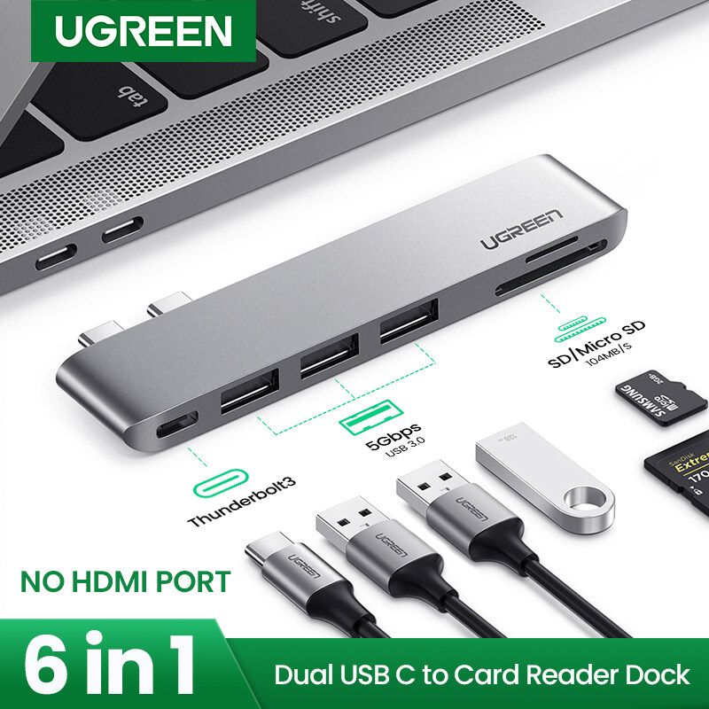 UGREEN USB C HUB 6 in 1 ประเภท C HUB คู่ ประเภท C ถึงตัวแยก  USB 3.0 HDMI อะแดปเตอร์สำหรับ MacBook Pro 2016/2017/2018 MacBook Air 2018/2019/2020 Thunderbolt 3 USB-C Port USB HUB