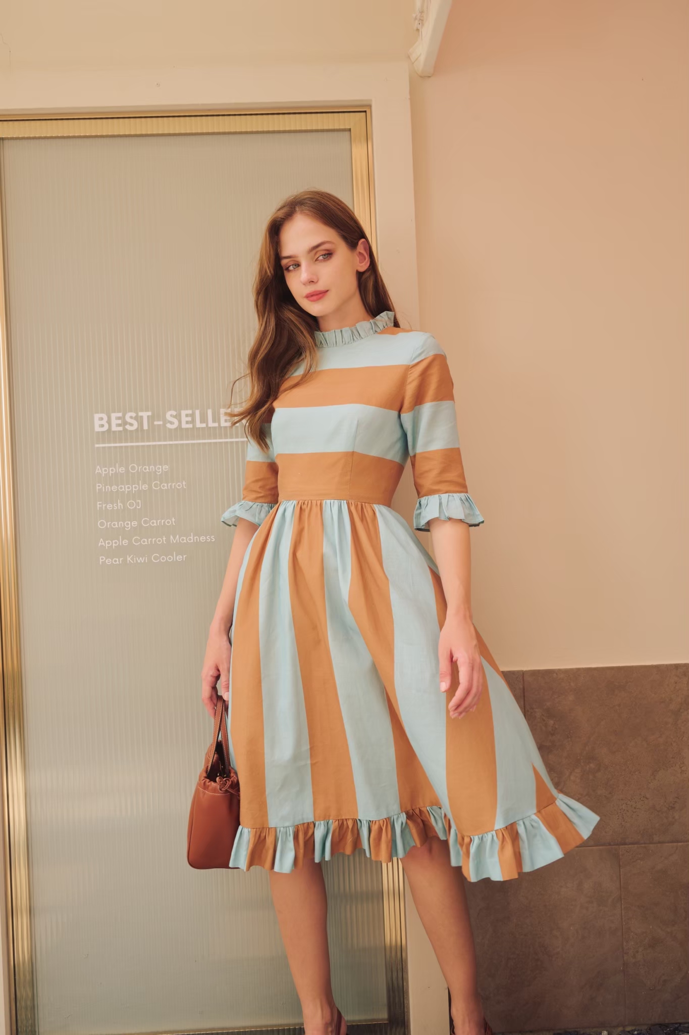 Sabaijit 062023-160 Linen Blend Skirt Set with Sky and Brown Stripes, Round Neck, and Sleeves. ราคา 4,117 บาท*ส่งฟรี