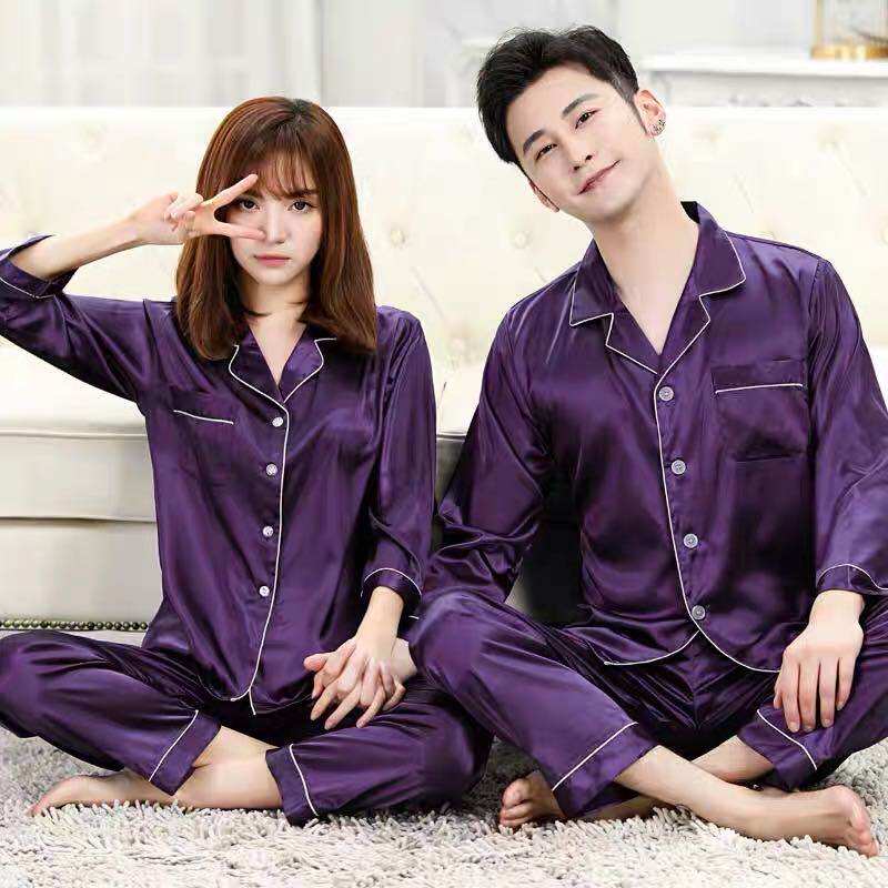 luckyBag.shop-ชุดนอนคู่，แฟชั่นเกาหลี，Womenผ้าซาติน.เสื้อแขนยาว+กางเกงขายาว