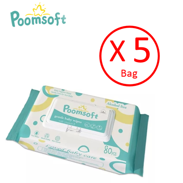 Poomsoft ทิชชู่เปียกสำหรับเด็ก 80 แผ่น / แพ็ค x 5 ห่อ (400 แผ่น)เด็กผู้ชาย เด็กหญิง BABY wipes กระดาษทิชชู่เปียก