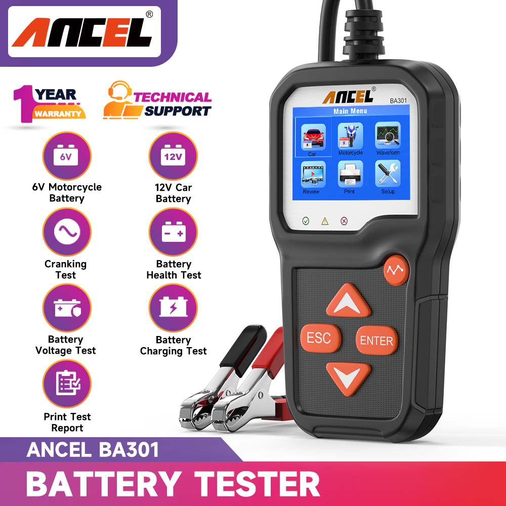 ANCEL BA301 6V 12V Car Battery Tester Battery Health Analyzer Motorcycle Battery Tester One-Click Test 100-2000 CCA Automotive Load Tester Alternator Tester pk KW600 ราคา 2,160 บาท*ส่งฟรี