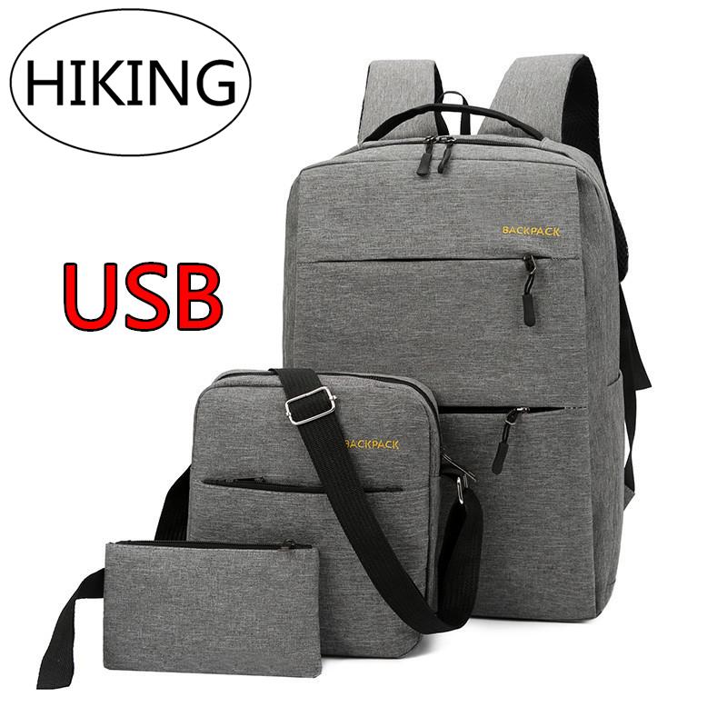 Multifunction USB charging （three-piece） แฟชั่นกระเป๋าสะพายชายเยาวชนกระเป๋าเป้สะพายหลังกระเป๋านักเรียน กระเป๋าเดินทาง แบคแพ็ค Back pack กระเป๋าสะพายพาดลำตัว