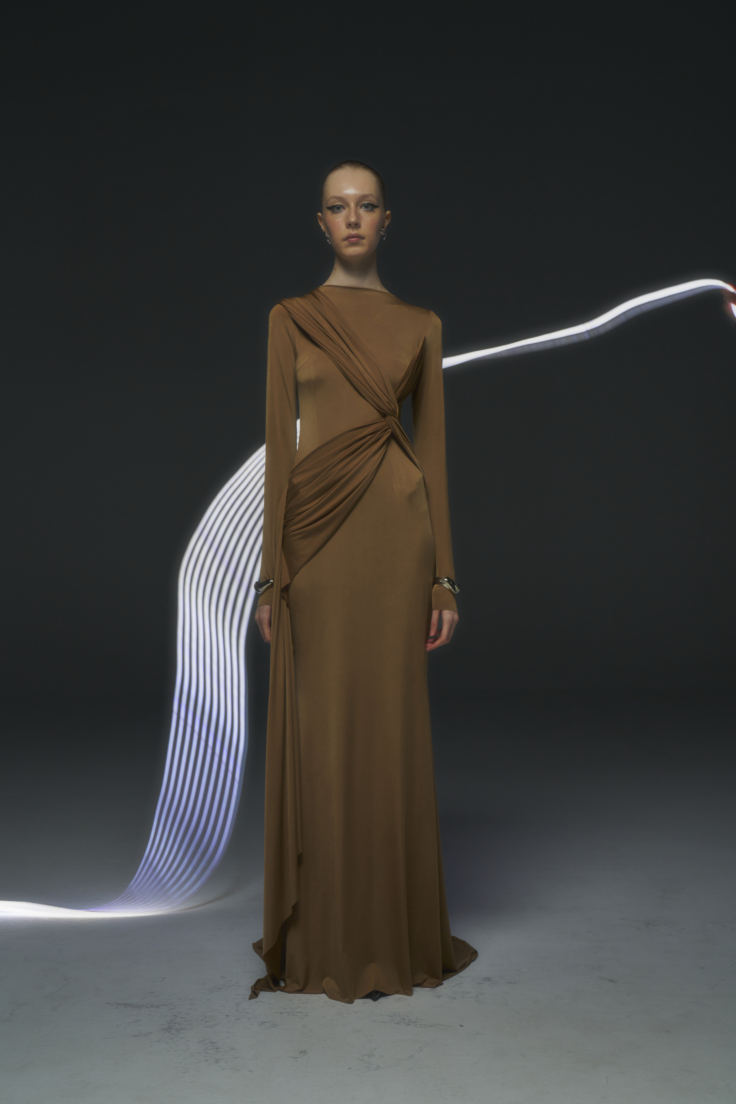 NICHP : Eternity Collection : EY05 Elegant Long Sleeve Polyester Satin Gown with Wrap Detail ราคา 15,000 บาท*ส่งฟรี