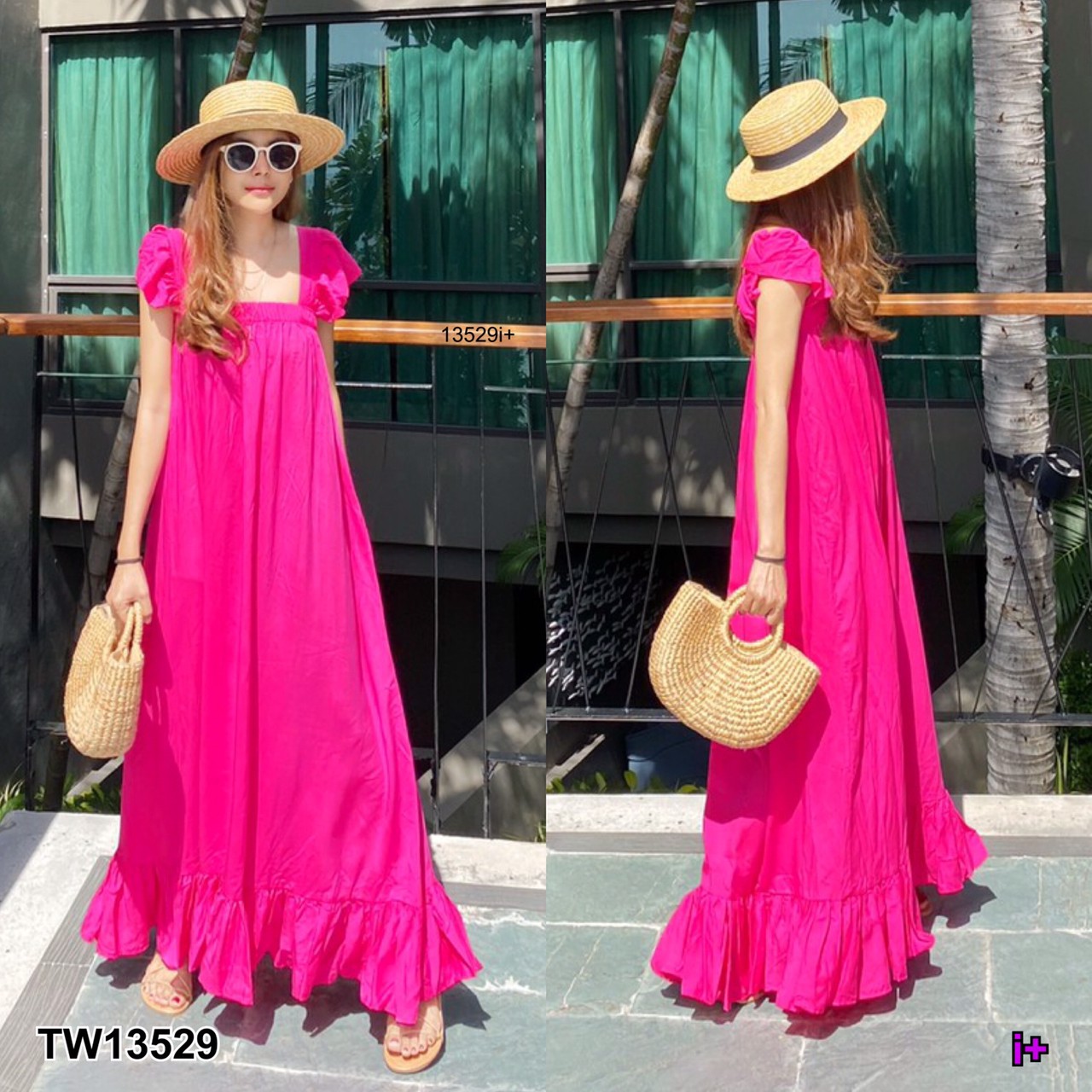 SS13529 Maxi Dress เดรสยาว สม็อครอบอก แขนระบาย