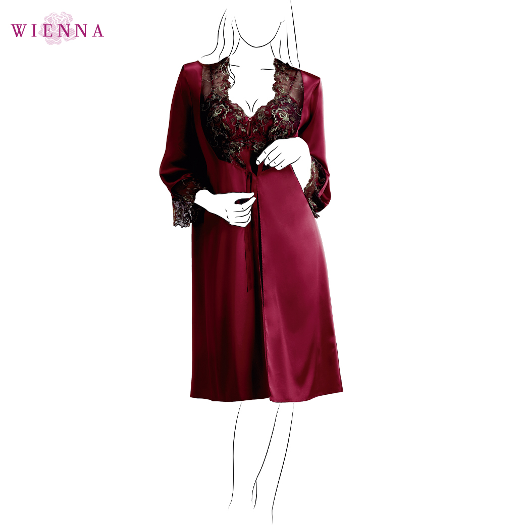 Wienna DN70209 ชุดนอน เวียนนา Sleepwear ชุดนอน Robe 5 Years Younger  เสื้อคลุม แขน 3 ส่วน ผ้าซาติน ไซซ์ F สีแดงมะเหมี่ยว , ฟ้าคราม