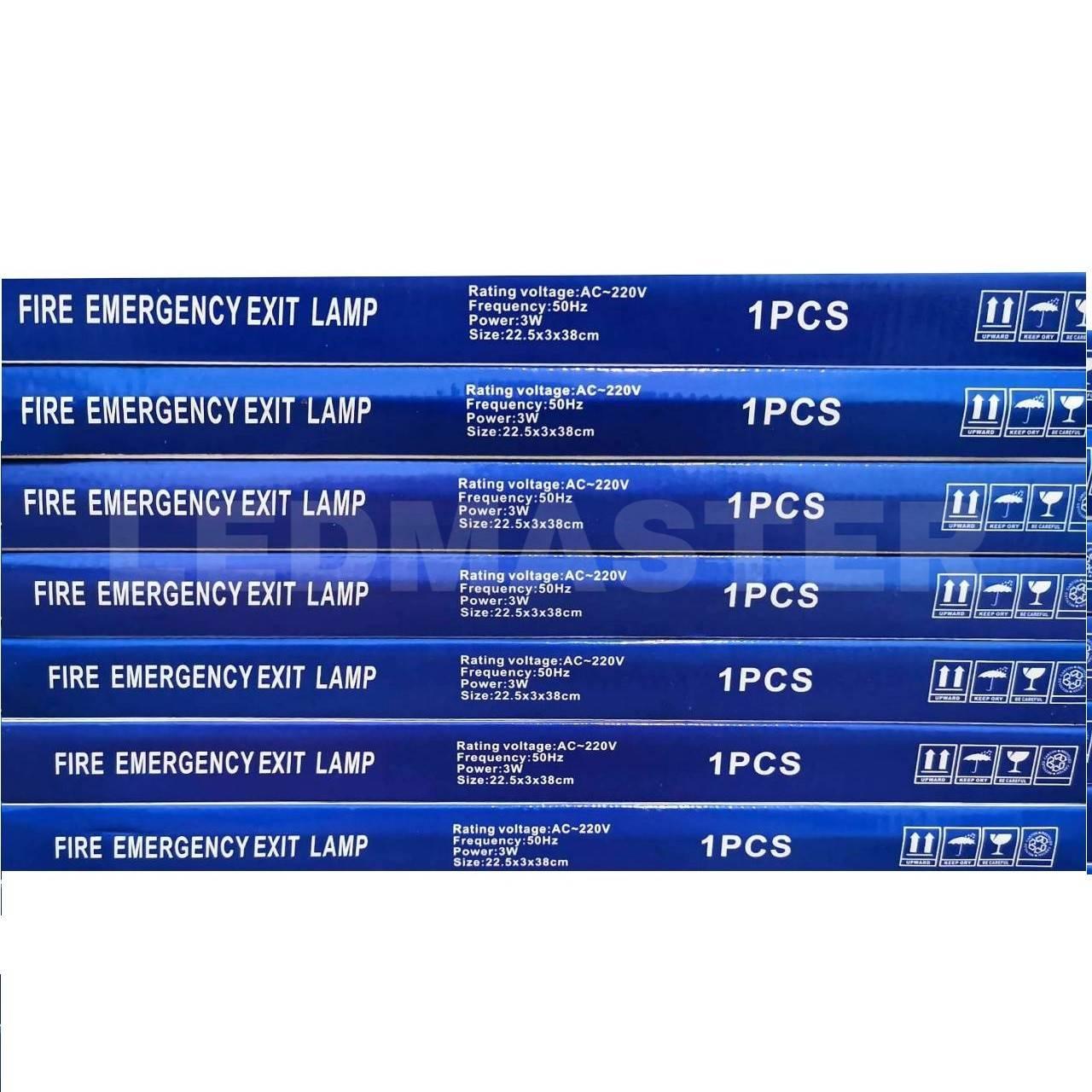 LEDMASTER Led emergency sign ป้ายไฟฉุกเฉิน led ป้ายไฟทางออกฉุกเฉิน ป้ายทางหนีไฟ led ติดตั้งเเบบเเขวนผนังหรือเพดาน สำรองไฟกรณีฉุกเฉิน ไฟดับ ไฟตก ไฟส่องสว่างนาน 3 ชม. เรืองเเสงในที่มืด ป้ายไฟทำจากอะคริลิค ตัวอักษรภาษาอังกฤษ Fire Exit ทางหนีไฟ มีลูกศรชี้