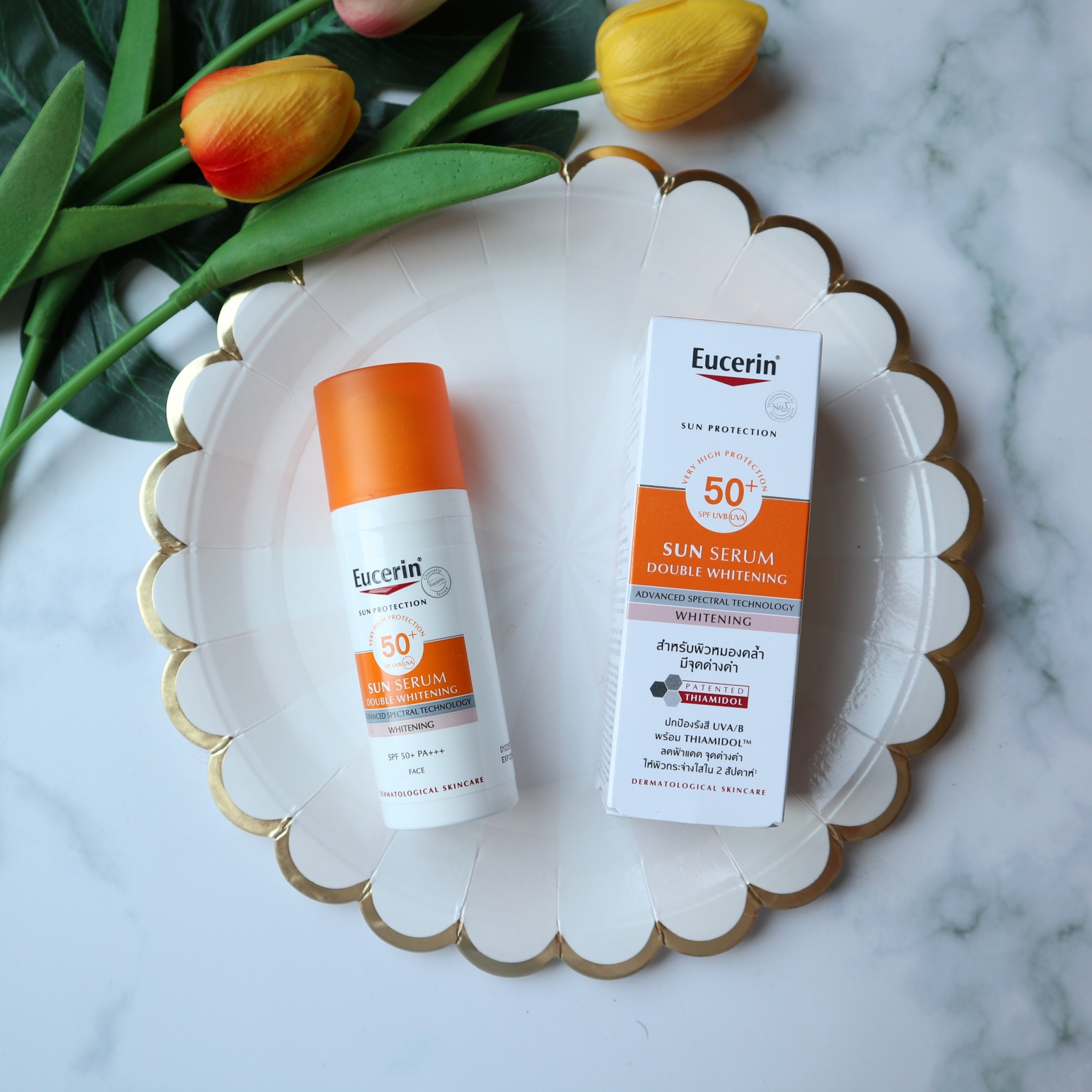 ฉลากไทย Eucerin  SUN DOUBLE WHITENING SERUM SPF50+หมดอายุ 06/2022  ยูเซอริน ซัน ดับเบิ้ล ไวท์เทนนิ่ง ซีรั่ม เอสพีเอฟ50+ 50มล