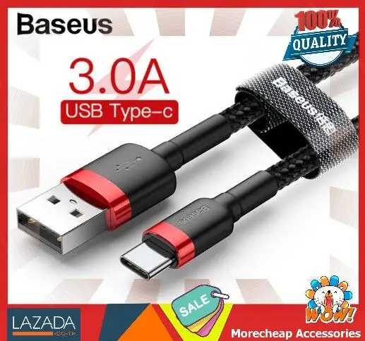 Baseus สายชาร์จ Type C สายถัก 3A รองรับ Fastcharge QC3.0 50เซ็น 1 เมตร 2 เมตร สีดำแดง Cable For Samsung S8 S9 S10 Note Xiaomi