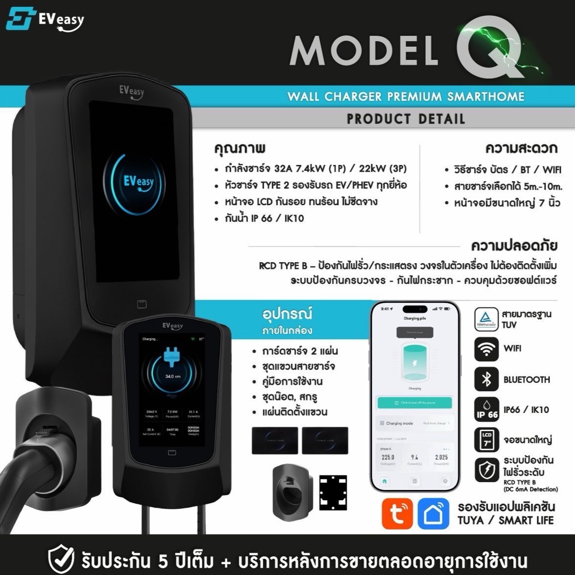 Ready to Ship! New Q Model Ev Easy 7.4Kw 2025 Premium Smart Home 7-Inch Screen Comes with Built-In Rcd Type B, Connects to App, 5-Year Warranty. ราคา 16,900 บาท*ส่งฟรี