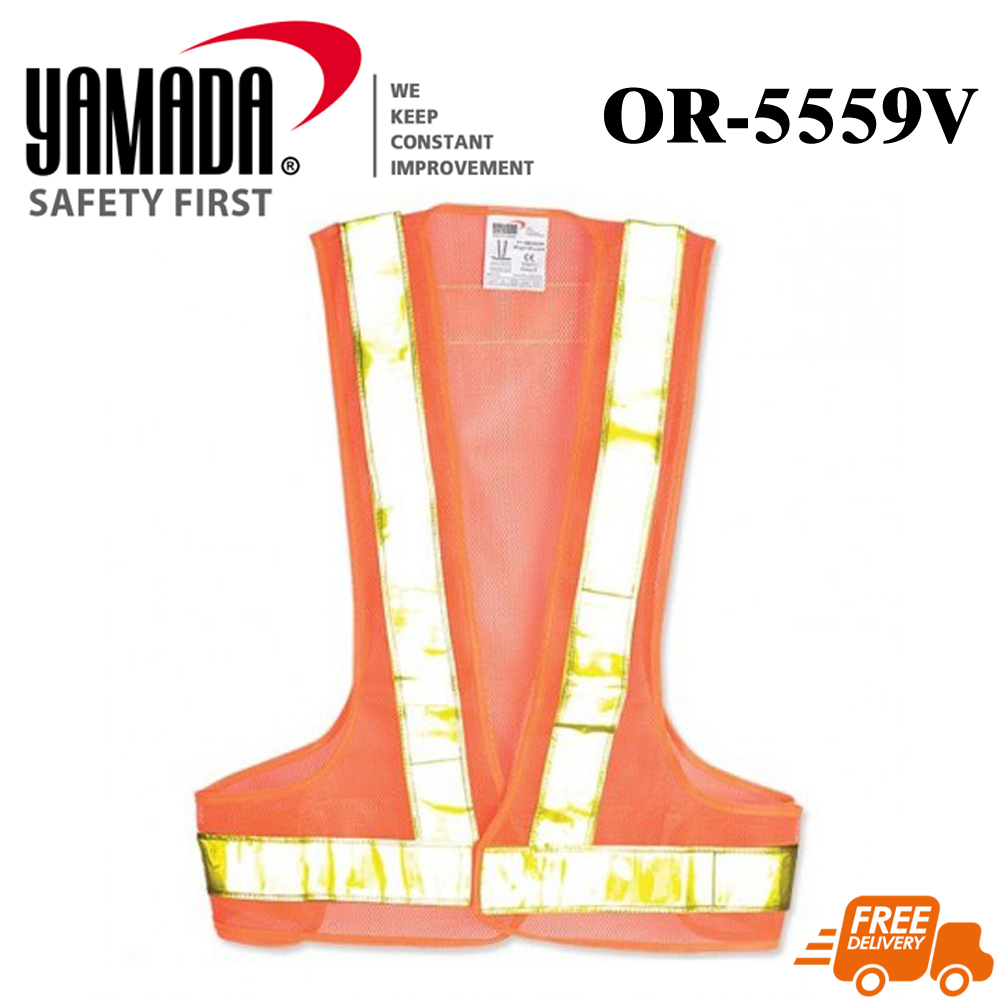 เสื้อเซฟตี้ สะท้อนแสงรูปตัววี รุ่น OR-5559V สีส้ม แถบสีเหลือง ยี่ห้อ YAMADA