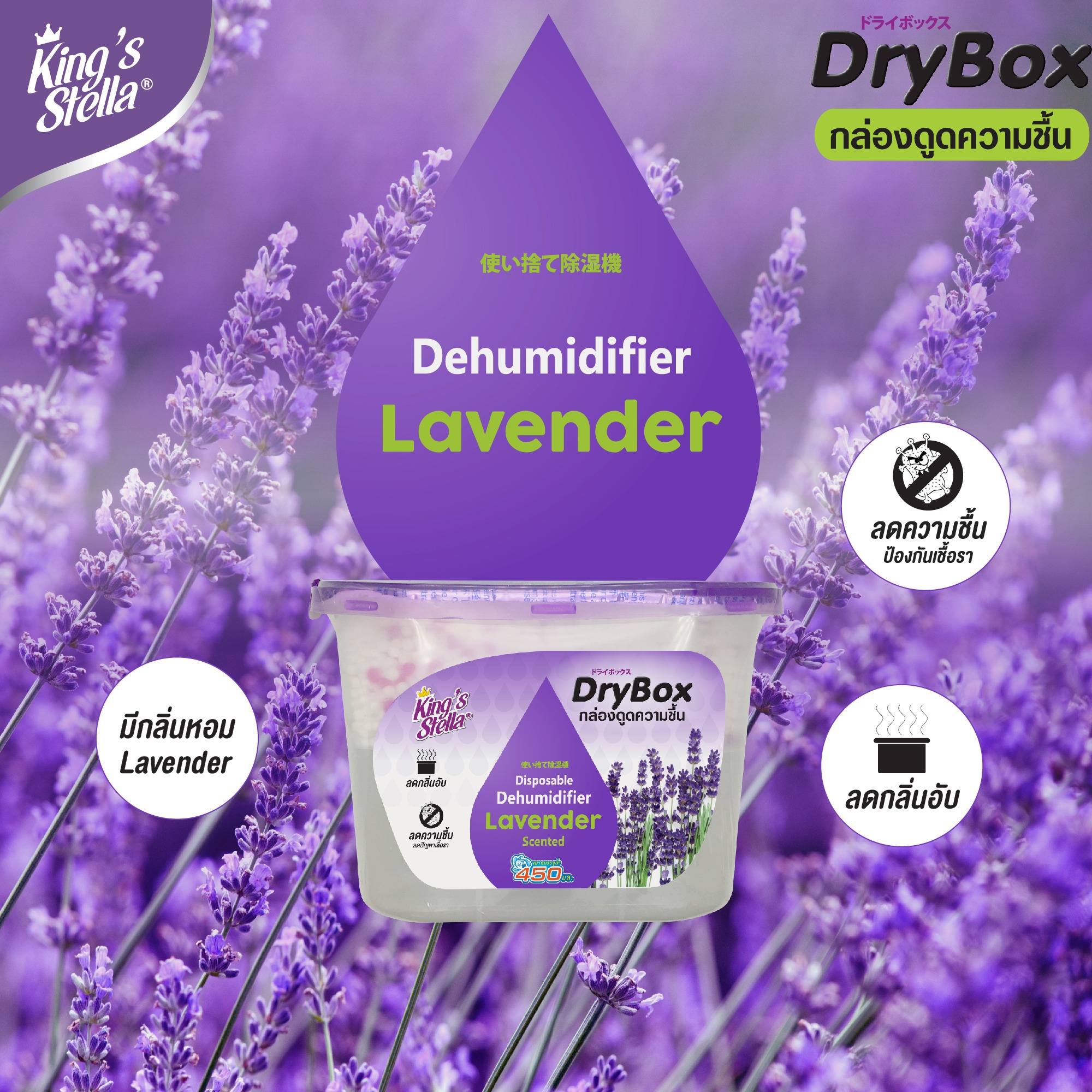 กล่องดูดความชื้น กลิ่นอับในห้อง ลดเชื้อรา Kings Stella Dry Box 240g. #Lavender