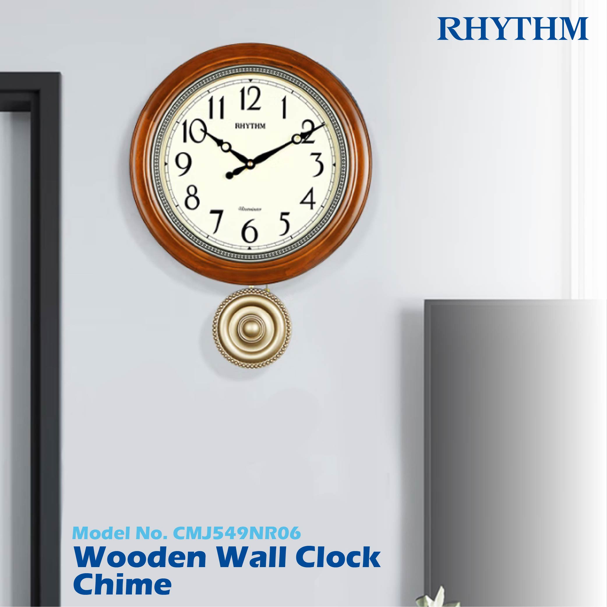 นาฬิกาแขวนไม้ RHYTHM ลูกตุ้มสีทอง แนววินเทจ พร้อมเสียงเพลง 3 HOURLYCHIMES PENDULUM-CMJ549NR06