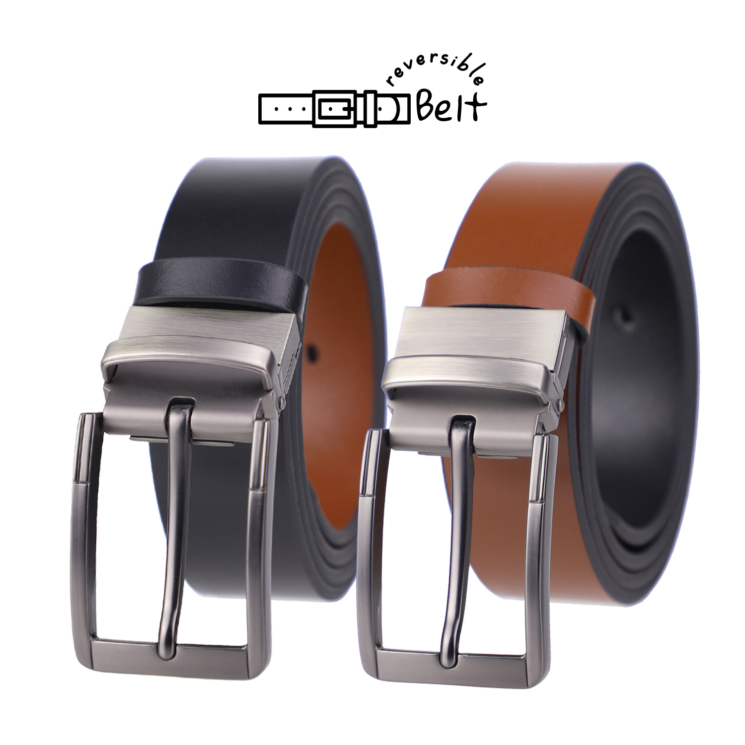 Louis Montini Reversible Belt for Everyday Look เข็มขัดผู้ชาย หนังวัวแท้ หัวกิ๊บหมุนได้ Cowhide Men belt (2-Sided Belt) - MGN236