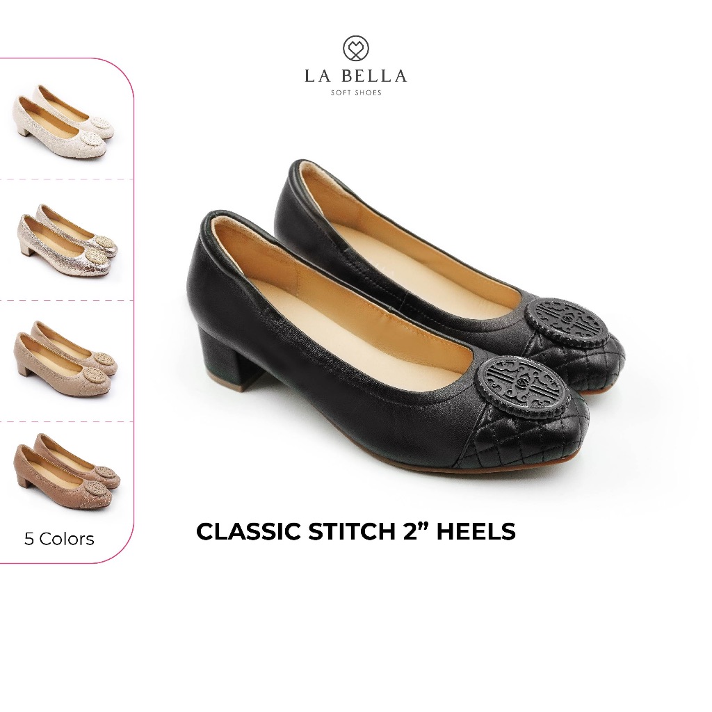 La Bella Sheepskin High Heel Shoes, Model Queen Stitch Mid Heels - Black ราคา 3,590 บาท*ส่งฟรี