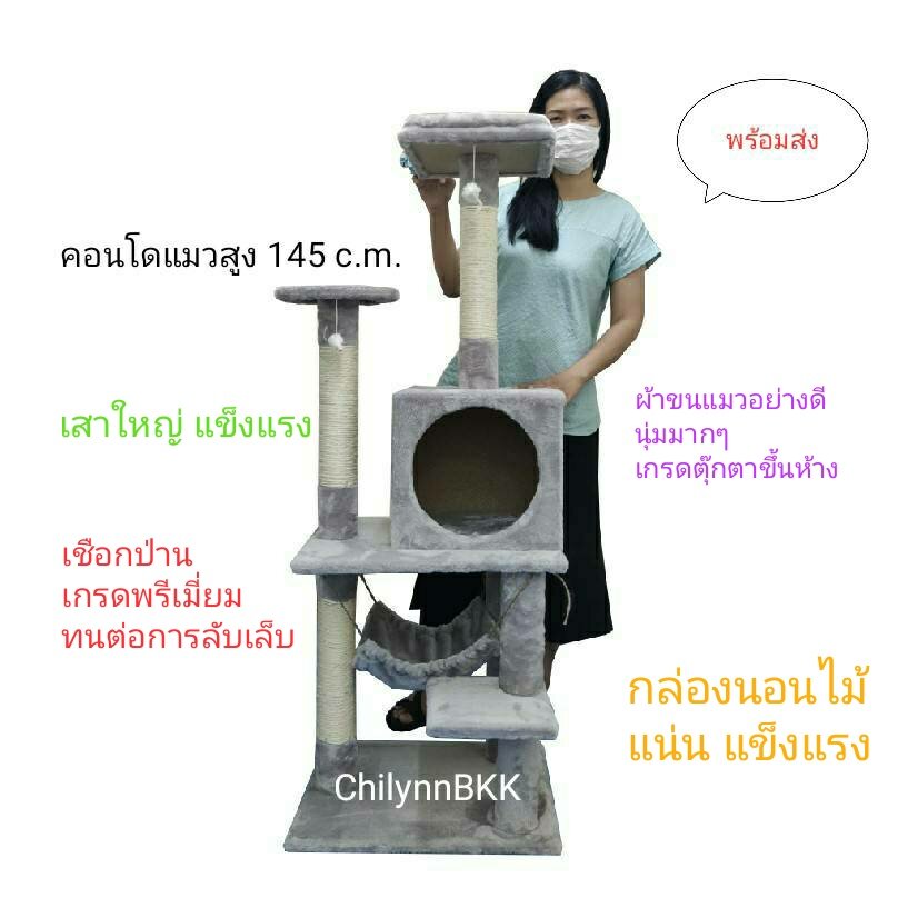 คอนโดแมว สำหรับแมวอ้วน แมวโต เสาลับเล็บใหญ่ แข็งแรง สูง 145 เซ็นติเมตร สีเทา