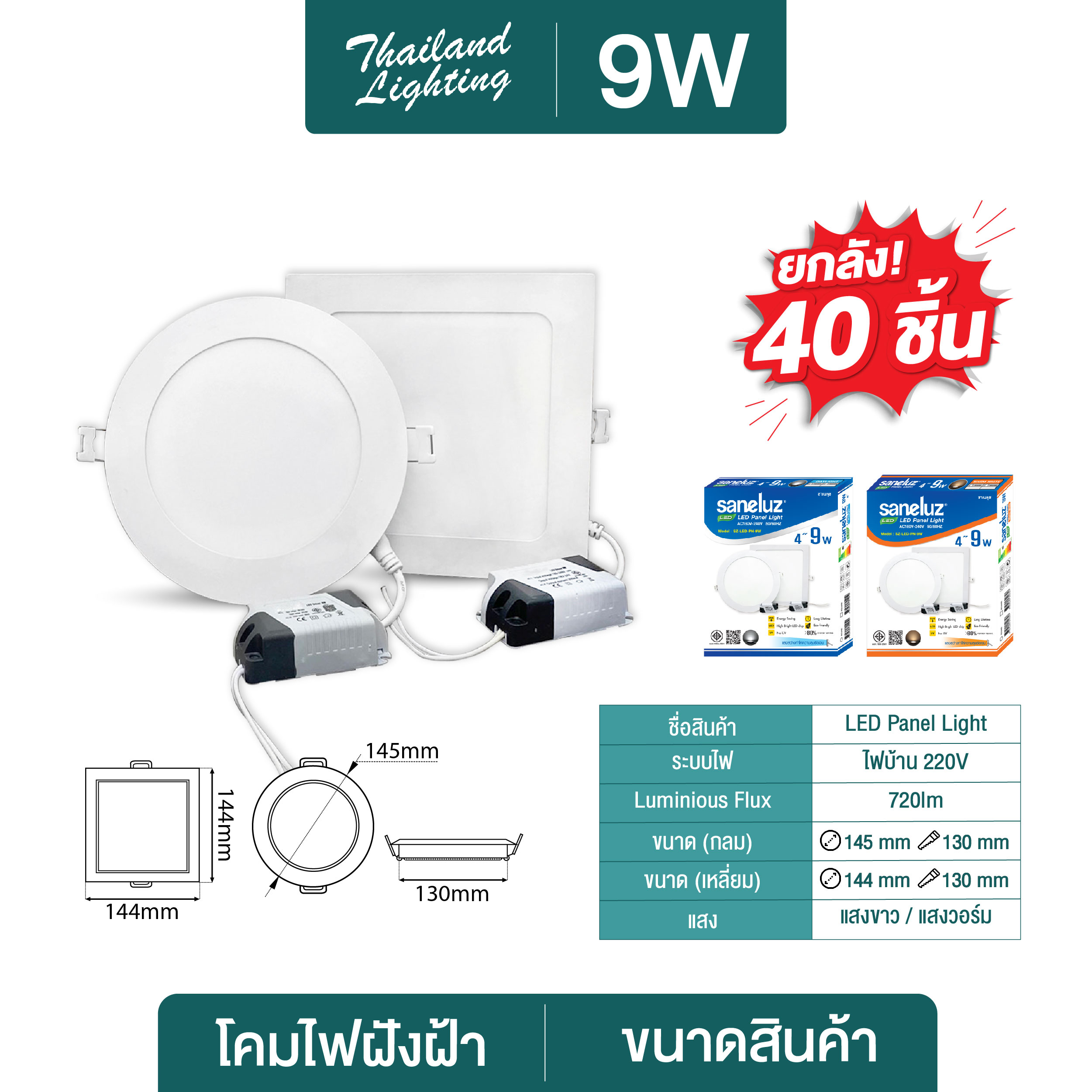 ชุดยกลัง โคมฝังฝ้า Panel Light LED 9W 12W 18W ทรงกลม/ทรงเหลี่ยม มีแสงขาว/แสงวอร์ม/3แสง โคมติดเพดาน โคมไฟดาวน์ไลท์ LED Thailand Lighting โคมห้องนอน ห้องรับแขก