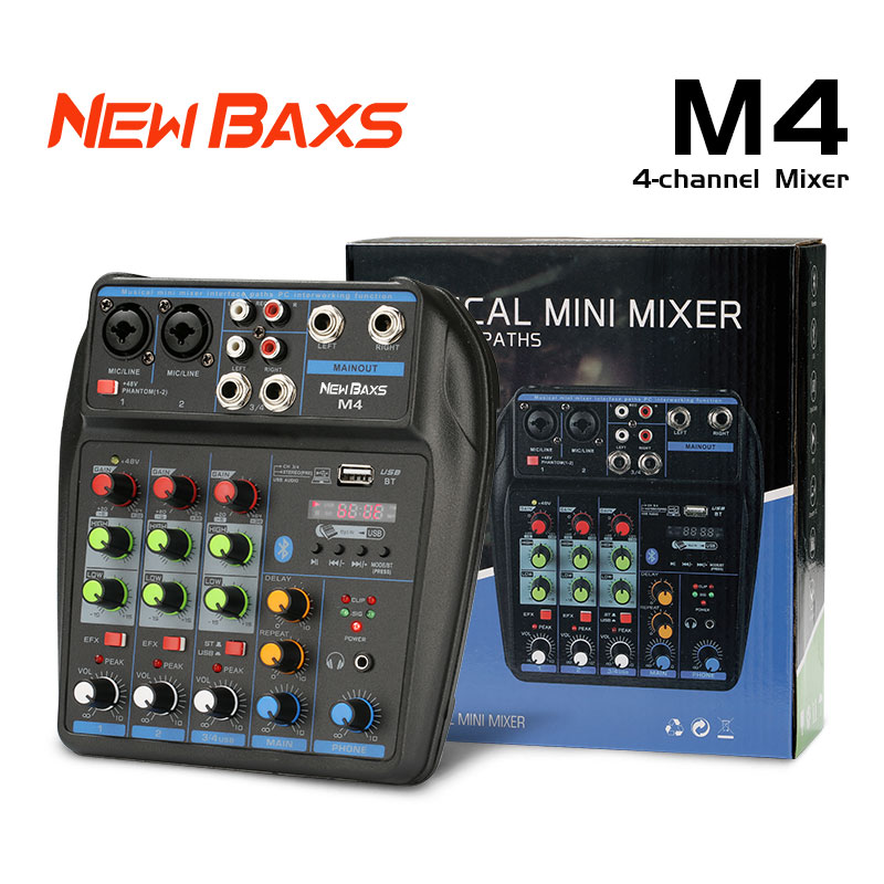 Newbaxs M4 mixer mini effect 4 channel mixing amplifier sound card reverbelator live computer recording device Portable Universal usb/ MP3/Bluetooth ราคา 559 บาท*ส่งฟรี