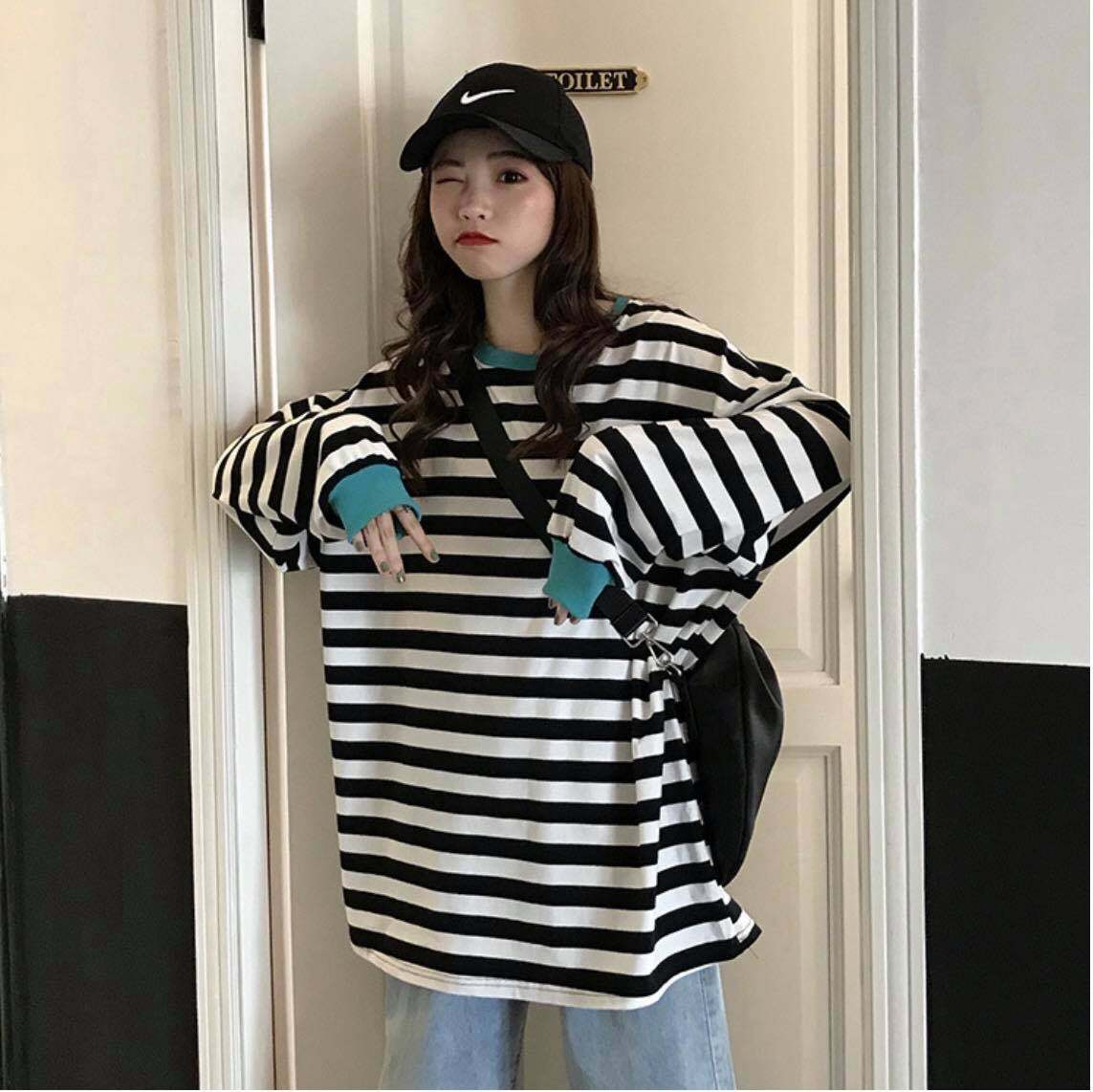 Panda.shop เสื้อลายทาง แขนยาว จั๊มปลายแขน ไสตล์oversize พร้อมส่ง#325