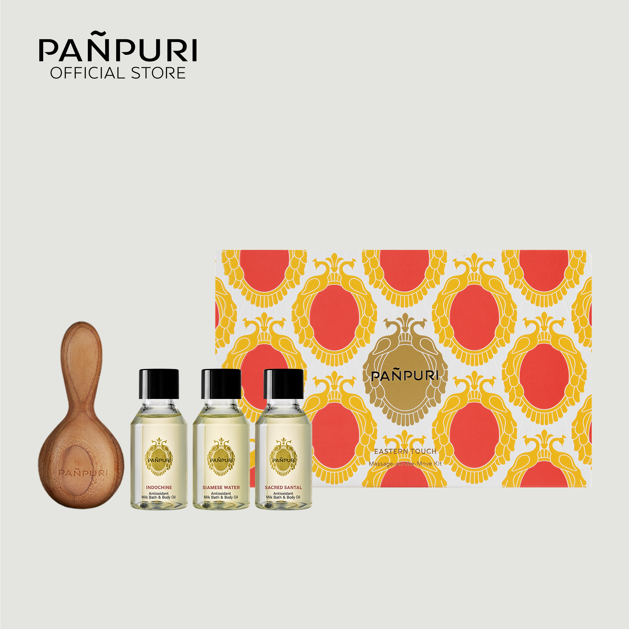 PAÑPURI EASTERN TOUCH MASSAGE-ON-THE-MOVE KIT ปัญญ์ปุริ เซตผลิตภัณฑ์ Milk Bath & Body Oil 3 กลิ่น และอุปกรณ์สำหรับปรนนิบัติผิวกาย ราคา 1,090 บาท*ส่งฟรี