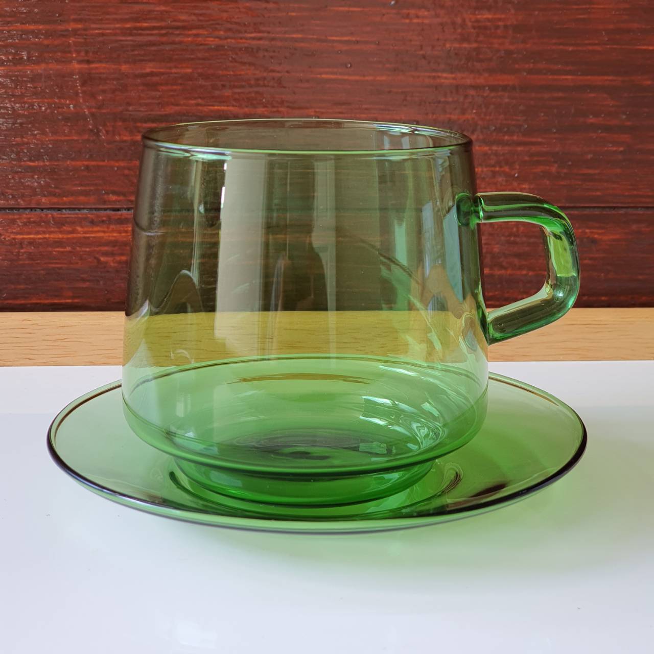 แก้วกาแฟ พร้อมจานรอง แก้วทนความร้อน แก้วโบโรซิลิเกท 300ml.สีแอมเบอ สีเขียว สีใส ชุดกาแฟแก้วใส ของขวัญของฝาก / High Borosilicate Color Glass Coffee Cup 300ml.