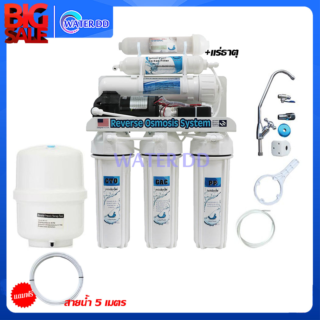 UNI PURE RO 0.0001 Micron เครื่องกรองน้ำ 6 ขั้นตอน รุ่น RO+แร่ธาตุ แถมฟรีสายน้ำ 5 เมตร อุปกรณ์ติดตั้งครบชุด ราคา 2,979 บาท*ส่งฟรี
