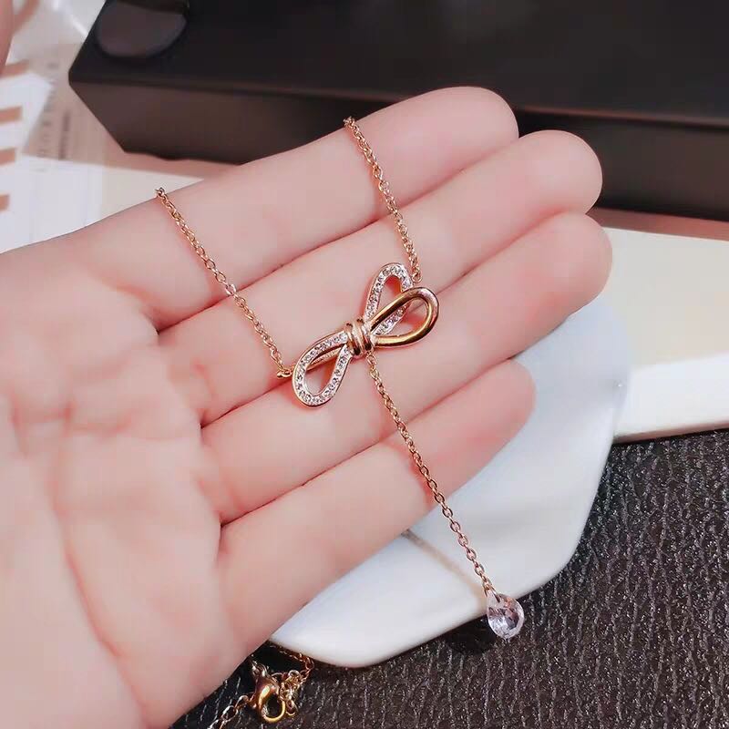 Fashion necklace สร้อยคอเงินแท้925 สร้อยคอ สร้อยคอโบว์ห้อย สีโรสโกลด์ (พร้อมกล่อง)