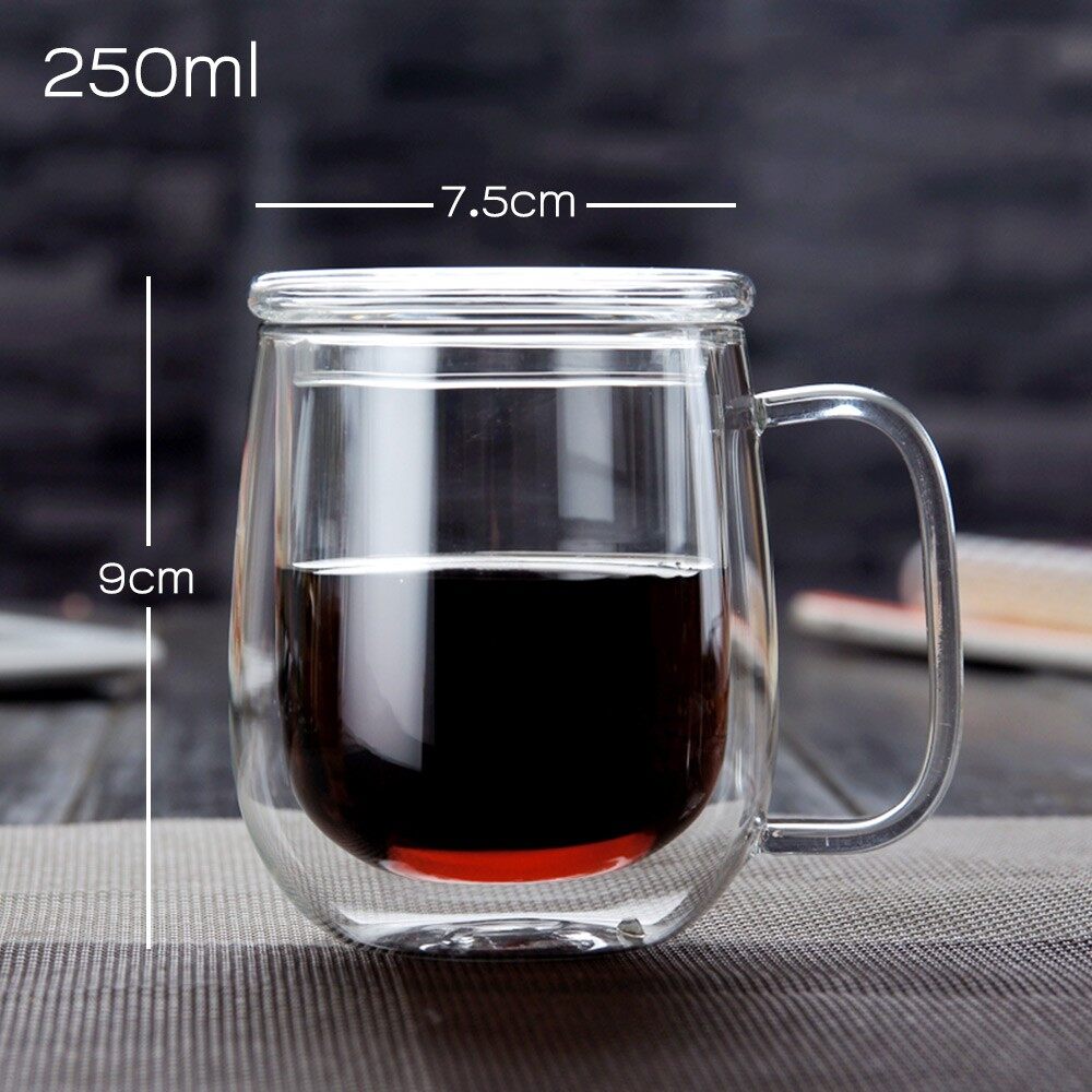 【ส่งจากกรุงเทพ】350ML แก้ว2ชั้น แก้วสองชั้น แก้วกาแฟ เบียร์ เครื่องดื่ม แบบมีหูจับ รักษาความเย็น-ร้อนได้ดีแถมฝาครอบแก้ว Glass Cup