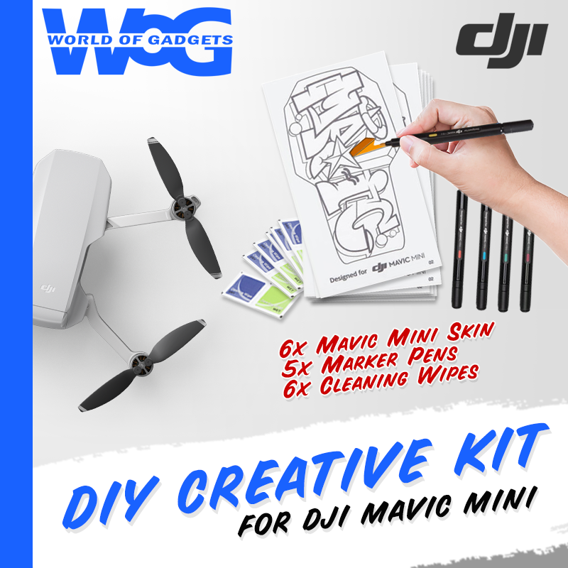 Mavic Mini DIY Creative Kit ชุดอุปกรณ์ตกแต่ง ให้คุณออกแบบสีโดรน ตามต้องการ ประกอบไปด้วย Mavic Mini Skin 6 ชิ้น, Marker Pens 5 ชิ้น, Cleaning Wipes 6 ชิ้น