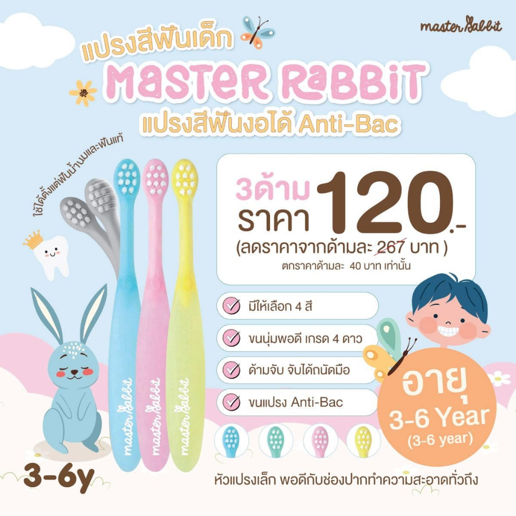 🔖ส่งฟรี..เก็บโค้ด🔖 แปรงสีฟันเด็ก แบบคออ่อน งอได้ตามสรีระช่องปากเด็ก ขนแปรงนุ่ม Master Rabbit Toothbrush // สำหรับเด็กตั้งแต่ 0-3ปี และ 3-6ปี