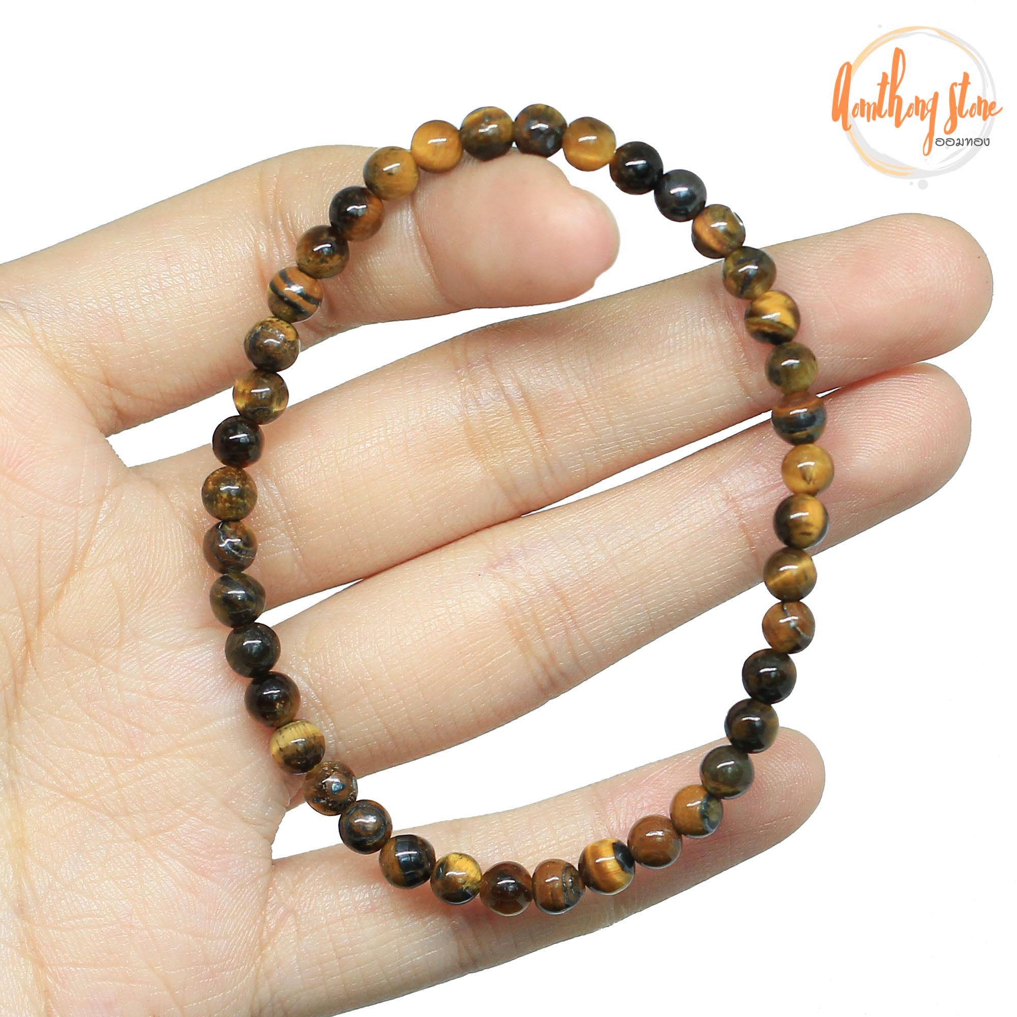 Aomthong กำไลหิน ไทเกอร์อายส์ พลอยตาเสือ Tiger Eye ขนาด 4 มม. หินมงคล หินไทเกอร์อายส์ คดไม้สัก หินสี กำไลหินนำโชค สร้อยข้อมือหิน