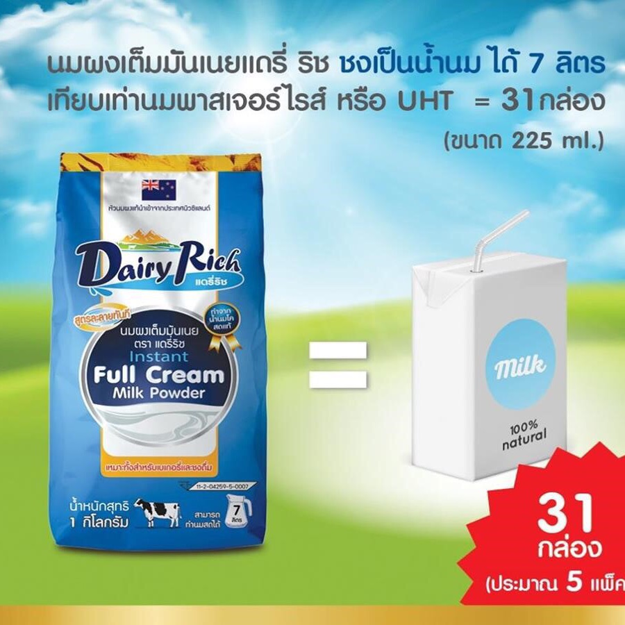 นมผงเต็มมันเนยแดรี่ริช Dairy Rich Full Cream Instant Milk Powder For Bakery And Beverage 1 PCS/ 1000g.