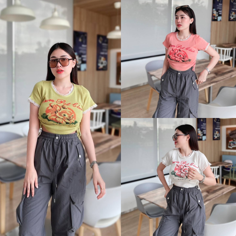 🌈SpinnyHouse🌈เสื้อครอปแขนสั้ั้น คอกลม แต่งเชือกผูกข้าง 🧽 สกรีนลายน่ารักสุด รุ่น กระดิ่ง B-033-2-A ราคา 158 บาท*ส่งฟรี