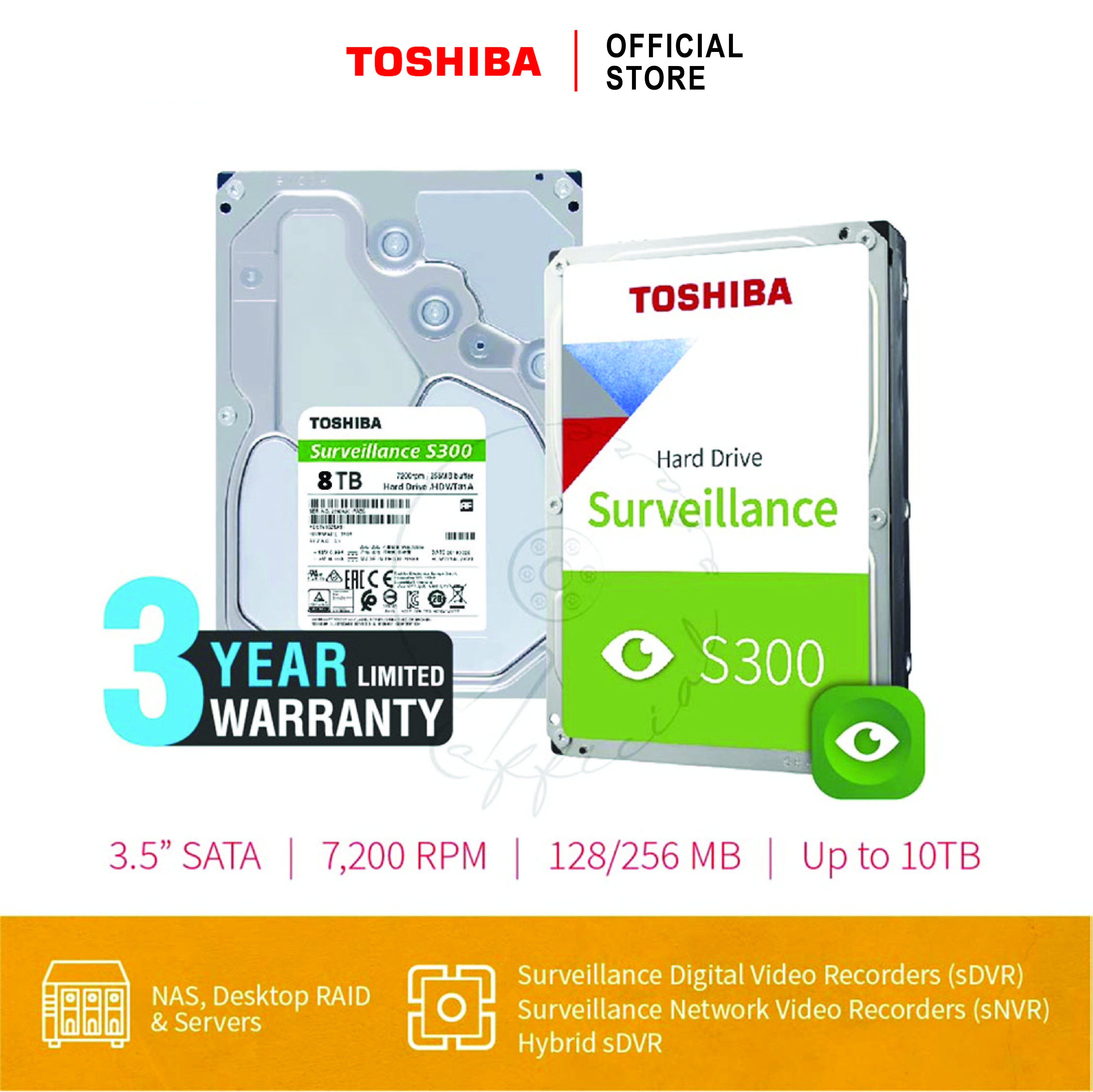 HARDDISK TOSHIBA 8TB (S300) HDWT380 SATA 3.5 7200RPM C/B 256 MB