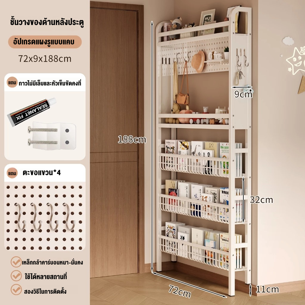 MONI ชั้นวางของ ชั้นวางหนังสือ ชั้นวางหนังสือเด็ก ชั้นวางหนังสือด้านหลังประตู ชั้นวางแบบ Pegboard 5/4 ชั้น เหล็ก เก็บของหลังประตู ชั้นวางหนังสือ ชั้นวางติดผนัง ประหยัดพื้นที่