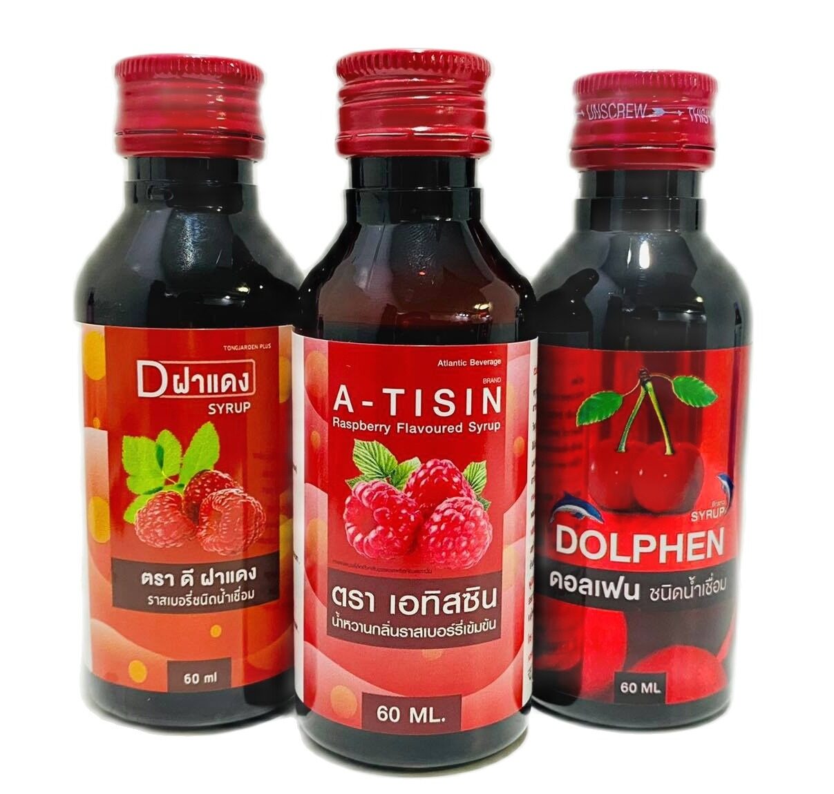 A-Tisin-Dฝาแดง-Dolphen Syrup น้ำหวานเข้มข้นกลิ่นผลไม้ 60ml. 3 ขวด