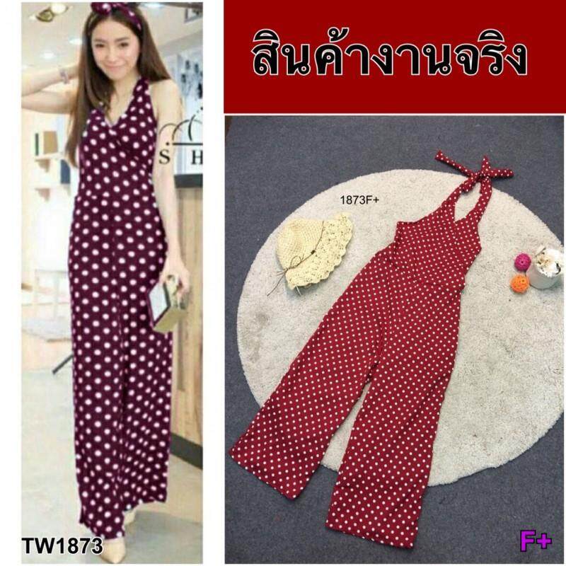 J1873 Jumpsuit จั๊มสูทขายาว ลายจุด ทรงขาบาน โบว์ผูกผม