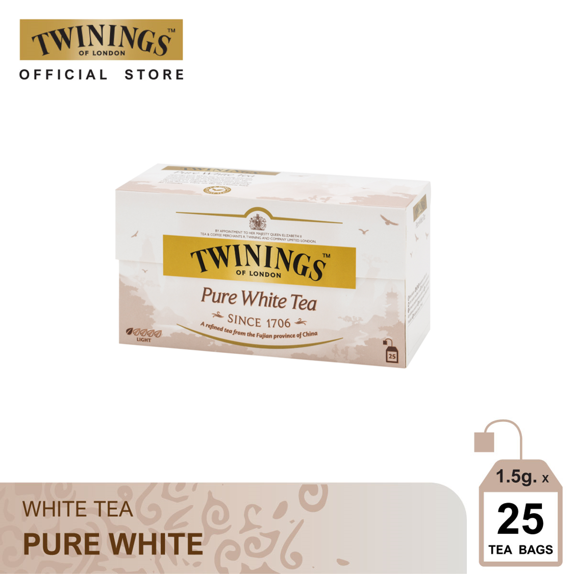 ทไวนิงส์ ชาขาว เพียว ไวท์ ที ชนิดซอง 1.5 กรัม แพ็ค 25 ซอง Twinings Pure White Tea 1.5 g. Pack 25 Tea Bags