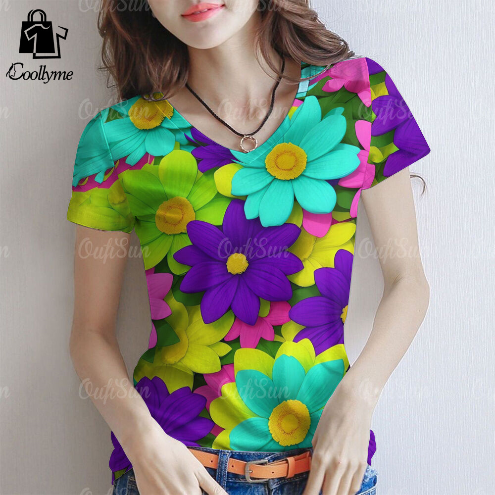 Women T-shirt floral print Songkran shirt 2567 V neck summer plus size short sleeve T-shirt full printing casual streetwear ราคา 87 บาท*ส่งฟรี