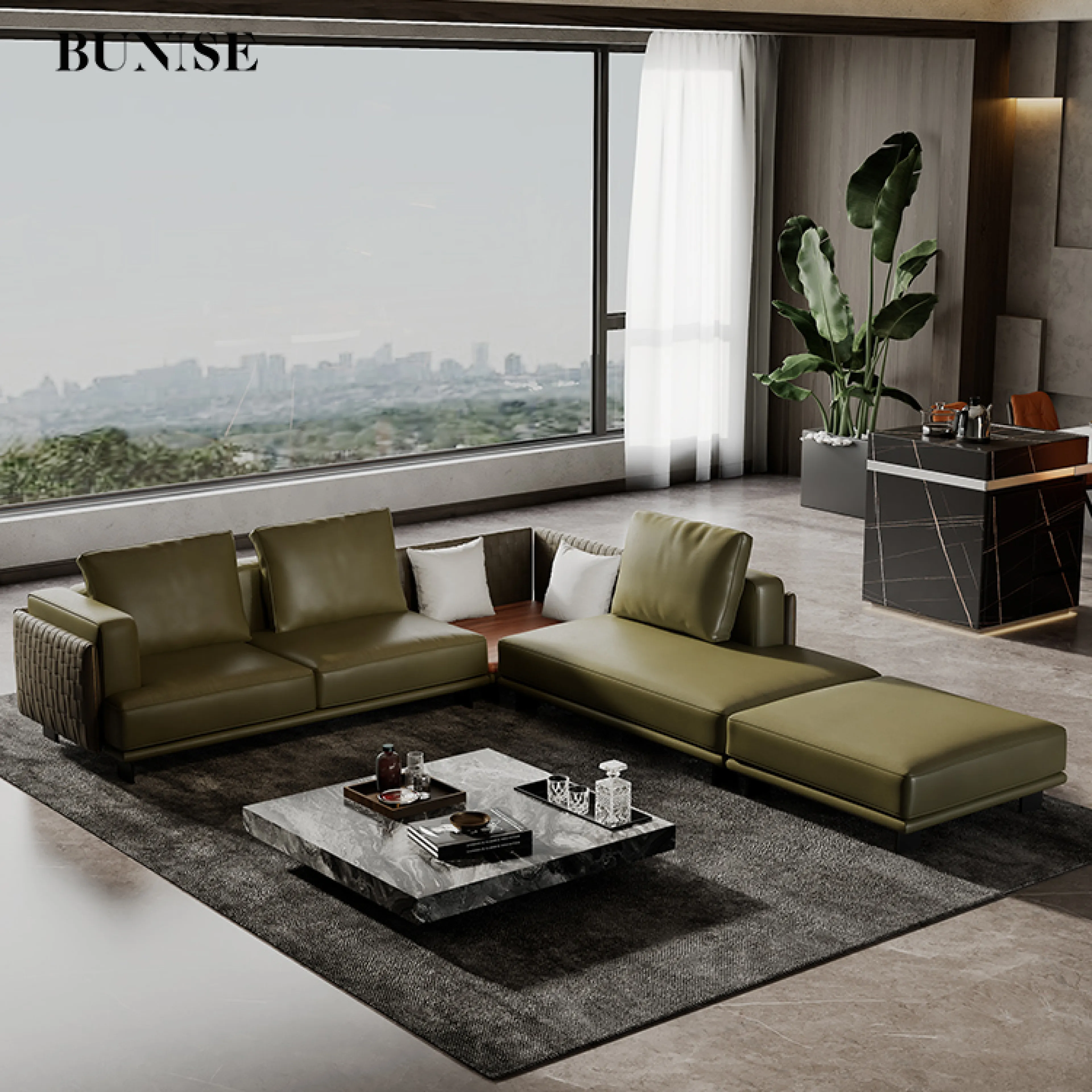 Bunise Genuine Leather Woven Sofa Italian Minimalist Design Elegant Modern Style Straight Layout and Wide Hall Suitable for Living Rooms, Viner Model, Free Shipping Throughout Thailand.
