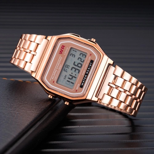 LED ดิจิตอลกันน้ำควอตซ์นาฬิกาข้อมือนาฬิกาข้อมือสีทองผู้หญิงผู้ชาย