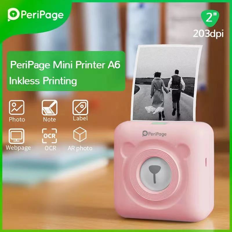 เครื่องปริ้นพกพา เครื่องปริ้นฉลาก เครื่องปริ้นไร้หมึก PeriPage A6 ของแท้ PeriPage Mini Printer A6 เเถมเคสใส1+สติ๊กเกอร์6ม้วน