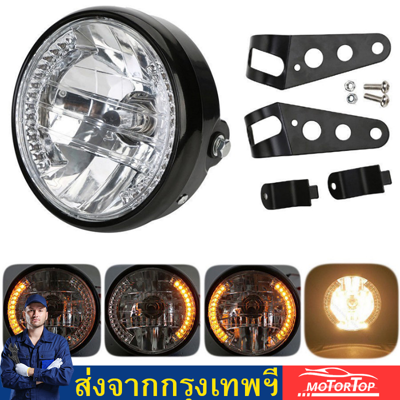 สีเหลืองอำพัน LED รอบ 7  ไฟหน้ารถจักรยานยนต์ที่มีเลี้ยวสำหรับฮาร์เลย์ C Hopper Cafe Racer ลอยมีขายึด อุปกรณ์เสริมรถจักรยานยนต์