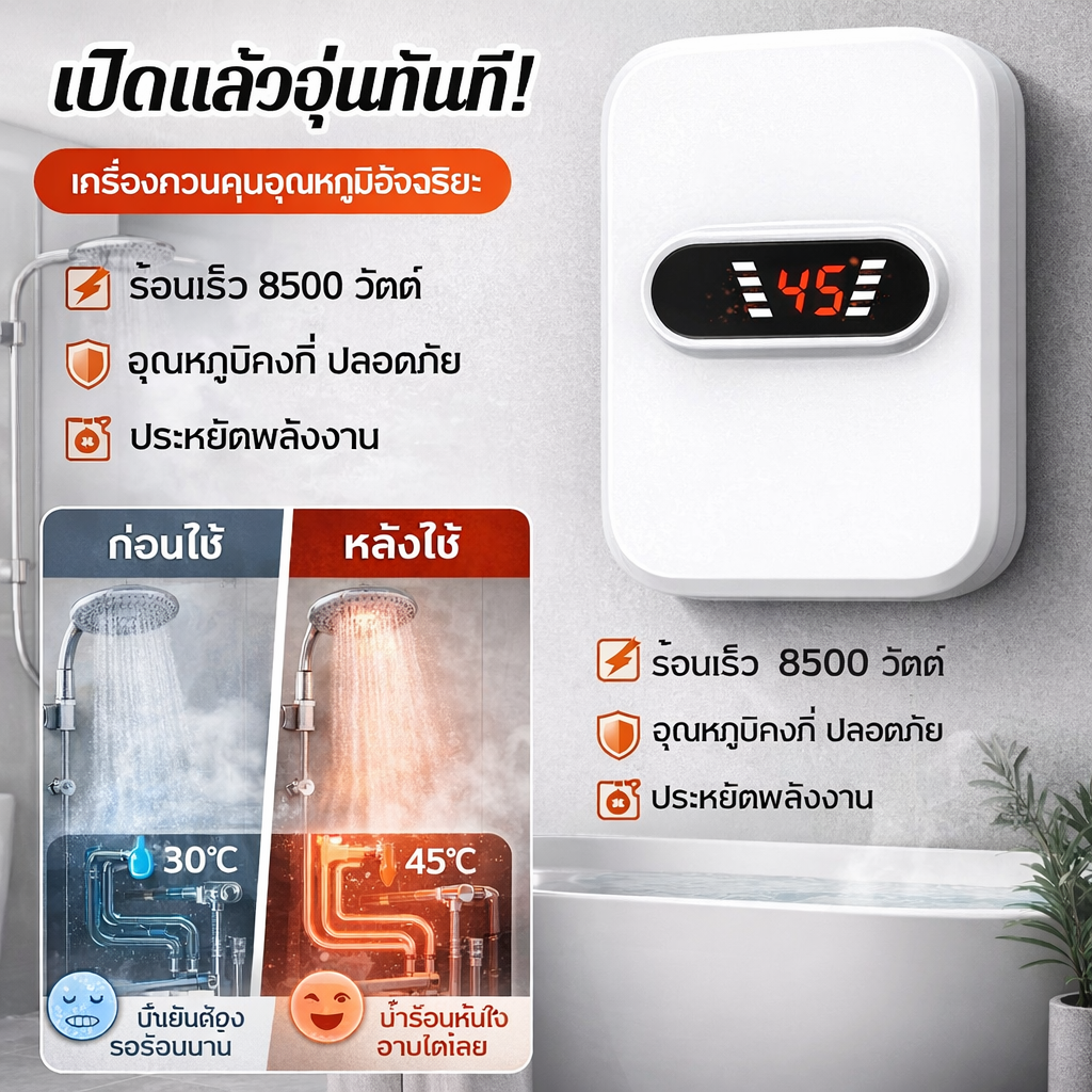เครื่องทำน้ำอุ่นทันที เครื่องทำน้ำอุ่น 3500W รุ่น พร้อมสวิทช์ตัดกระแสไฟฟ้ารั่ว เครื่องทำน้ำอุ่น ระบบตัดอัตโนมัติ เครื่องทำอุ่น Water Heater ราคา 674 บาท*ส่งฟรี