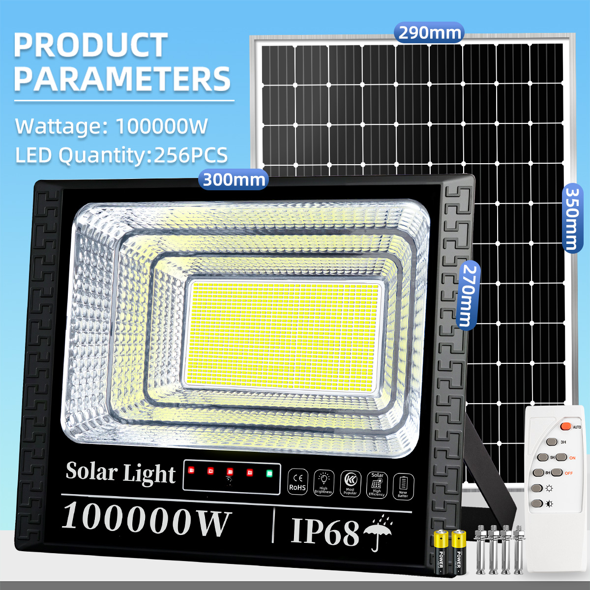 KKSKY ไฟโซล่าเซลล์ 200000W โซล่าเซลล์ solar light โคมไฟโซล่าเซลล์ ไฟสปอร์ตไลท์ แสงขาว กันน้ำ IP68 ไฟLEDโซล่าเซลล์กลางแจ้ง สว่างอัตโนมัติตอนกลางคืน