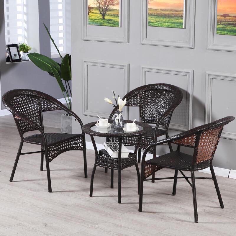 ชุดโต๊ะเก้าอี้หวาย Outdoor table set ชุดรับแขกหวาย PE ท็อปโต๊ะกระจก เฟอร์นิเจอร์กลางแจ้ง3in1 รุ่นT002