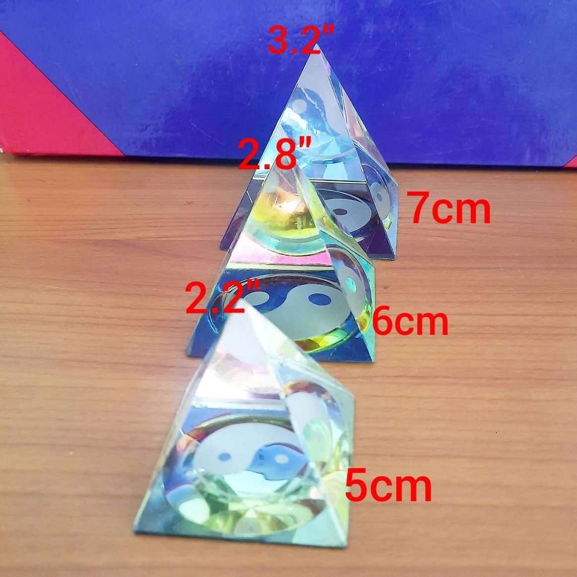 Pyramid, Pyramid-Shaped Glass Crystal, Pyramid Shape Inside, Yin and Yang Style for Feng Shui, Height Sizes 2.2 Inches, 2.8 Inches, and 3.2 Inches, Ready for Delivery.