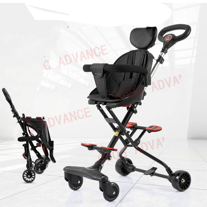 4-Wheel Baby Stroller, Can Be Pushed Forward and Backward, Foldable, Comes with a Soft Cushion, Wheels Have Brakes, Easy to Carry, Reclines to 150 Degrees.
