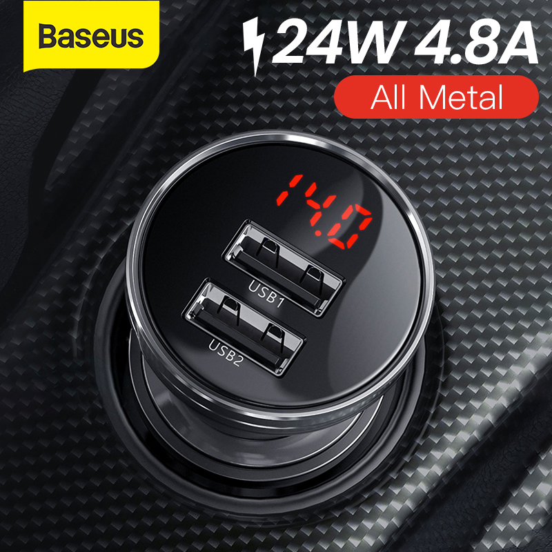 BASEUS 24W 4.8A เครื่องชาร์จในรถยนต์โลหะ USB คู่จอแสดงผล LED ชาร์จไฟในรถได้อย่างรวดเร็ว